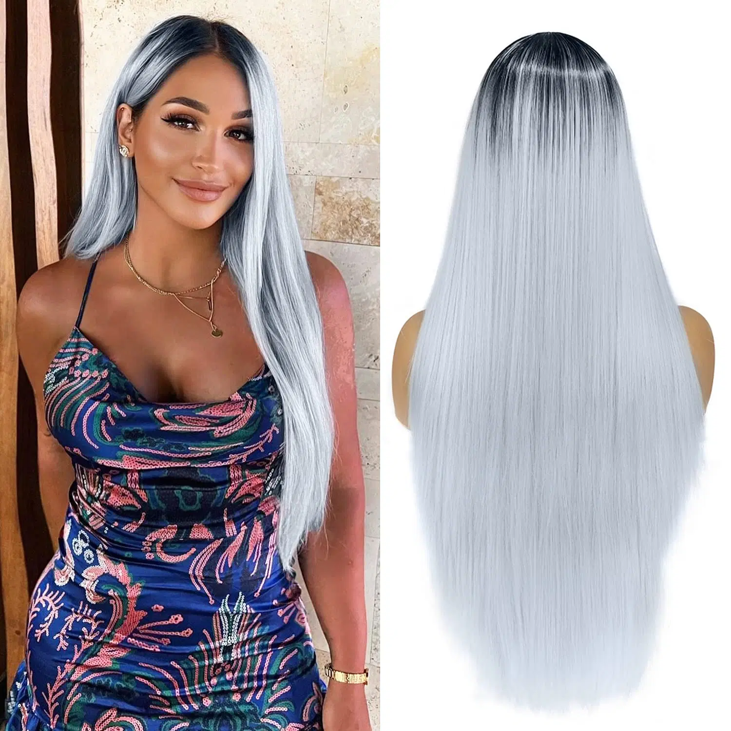 639f6d25fa27d25e0f2b70d9-wiger-ombre-grey-wig-long-straight women styling a wig